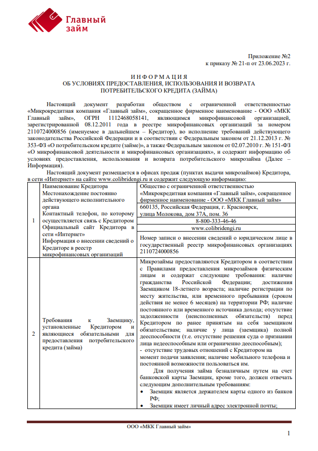 Информация об условиях предоставления, использования и возврата потребительского кредита (займа) 01.07.23 - 20.01.24